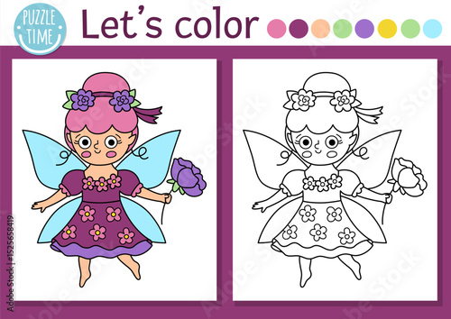 Fairyland coloring page for children with cute flower fairy. Vector magic forest outline illustration. Color book for kids with colored example. Fairytale fantasy drawing skills printable worksheet
