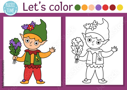 Fairyland coloring page for children with cute elf. Vector magic forest outline illustration. Color book for kids with colored example. Fairytale fantasy drawing skills printable worksheet