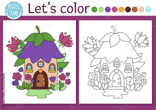 Fairyland coloring page for children with  flower fairy house. Vector magic forest outline illustration. Color book for kid with colored example. Fairytale fantasy drawing skills printable worksheet