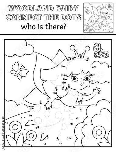 Vector black and white fairyland dot-to-dot activity with fairy bug, line nature scene. Magic forest connect the dots game, coloring page. Who is missing printable worksheet with cute girl