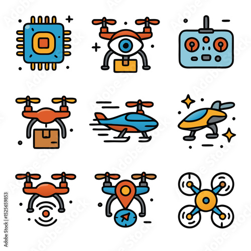 Futuristic quadcopter drones and remote control for tech concepts, science fiction designs, drone enthusiasts, and futuristic innovation projects.