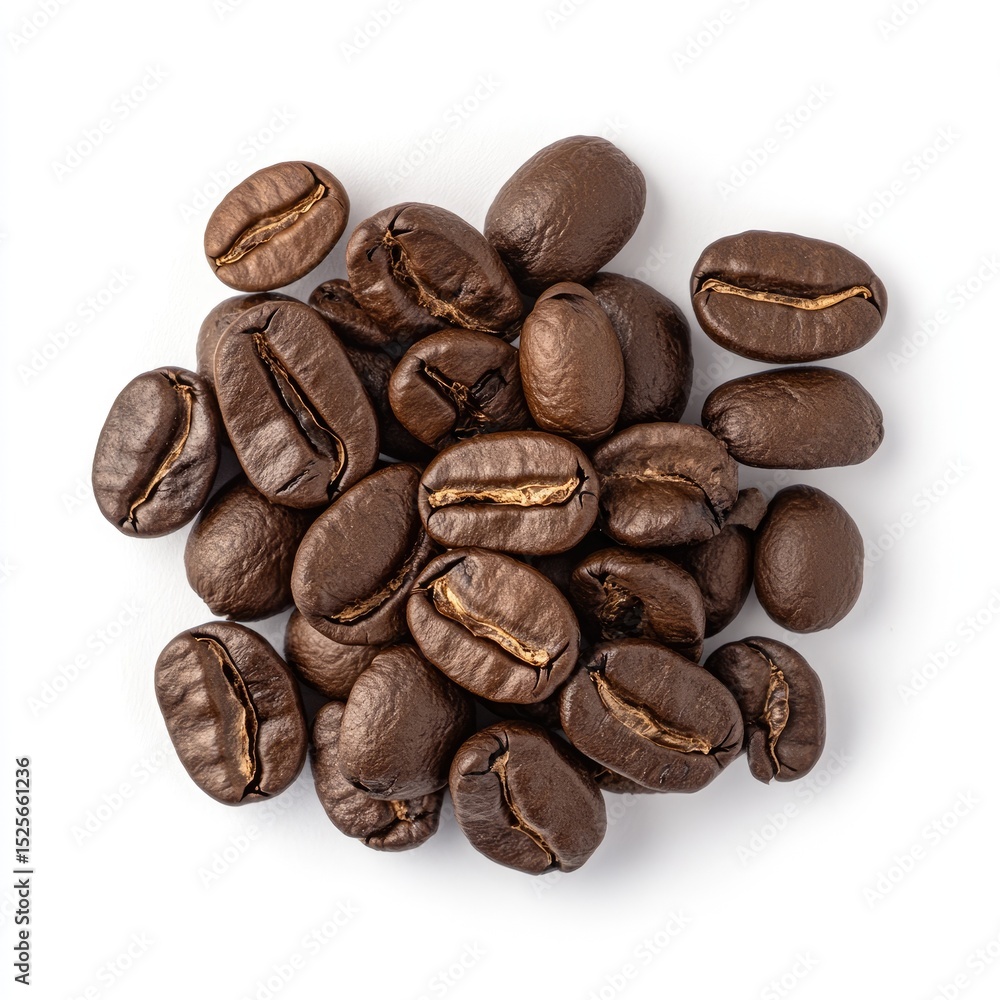 A small pile of dark roasted coffee beans, oval-shaped, with visible crevices, sits on a pristine white background A small pile of dark roasted coffee beans, oval-shaped, with visible crevices, sits on a pristine white background