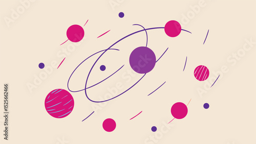 Abstract atomic composition featuring colorful spheres and orbital lines on neutral background