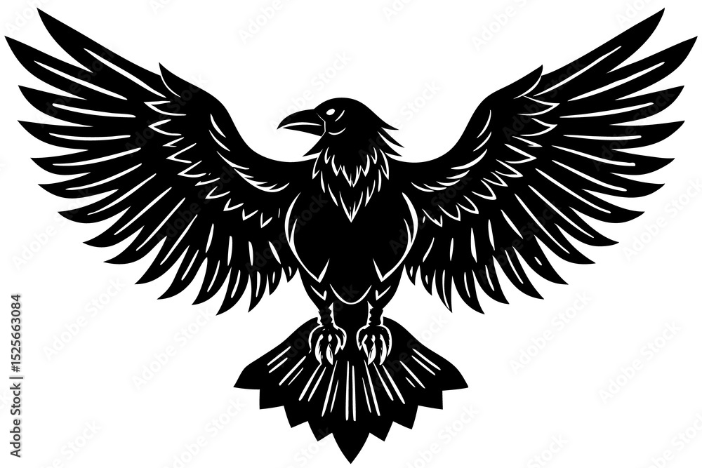 Fototapeta premium Raven with Wings Extended Vector Silhouette on White Background
