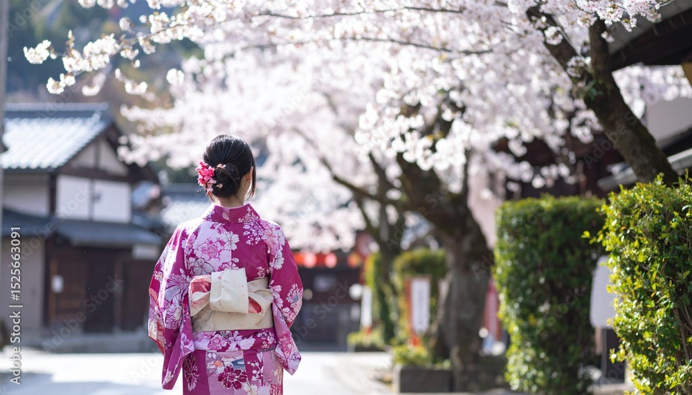 Fototapeta premium A woman in a traditional Japanese kimono strolling along a street lined with blooming cherry blossom trees. The vibrant pink of the kimono and flowers creates a picturesque scene of spring beauty.