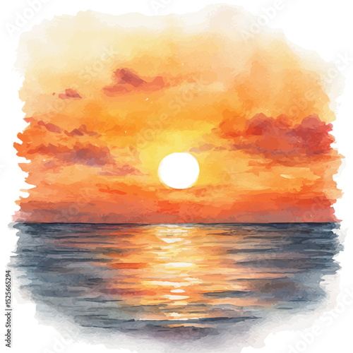 Orange Sunset Calm Ocean, watercolor clipart vector, high quality, isolated on a white background.