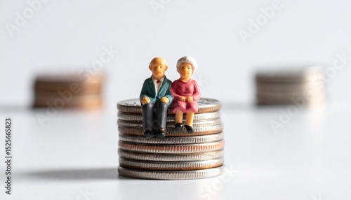 A miniature elderly couple sitting atop a stack of coins, symbolizing financial security and retirement planning. The image conveys a sense of planning for the future, wealth.