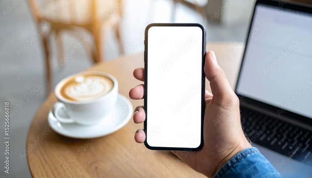 Hand holding phone mockup showing a blank screen beside latte and laptop Hand holding phone mockup showing a blank screen beside latte and laptop
