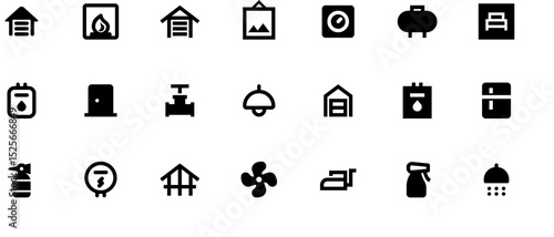 Black vector icons set for home comfort and appliances including water sprayer, house, air conditioner, range hood, hot pipe, cloud utility, calendar, and ironing machine on white background.