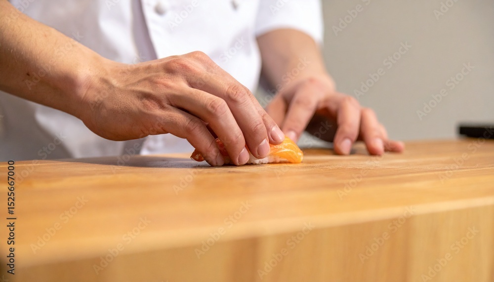 Obraz premium A chef meticulously preparing a small salmon piece on a wooden surface, demonstrating skill and precision