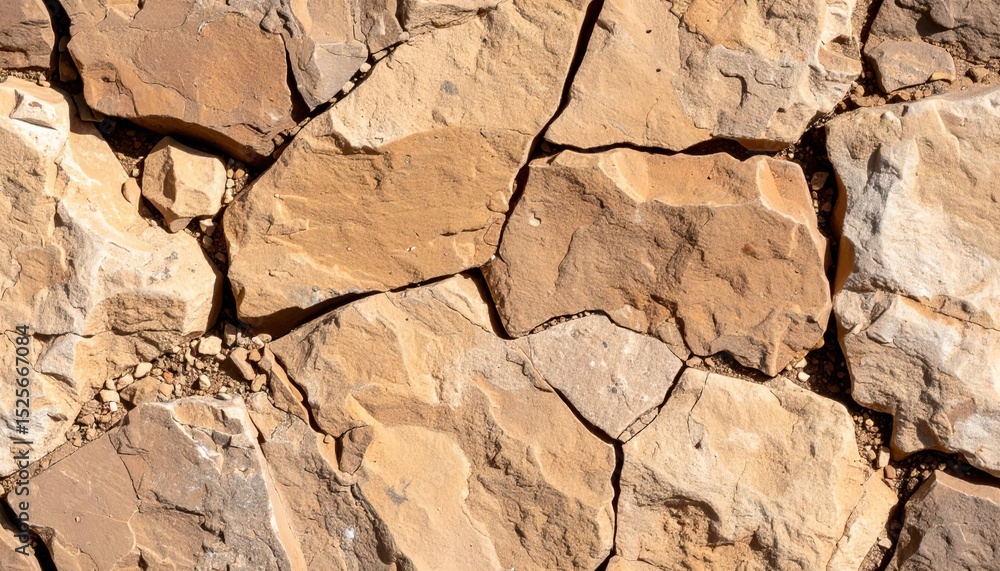 Fototapeta premium Close-up view of a rugged textured stone wall showing detailed natural uneven surface with warm earthy tones and diverse shapes perfect for landscaping or artistic design shots