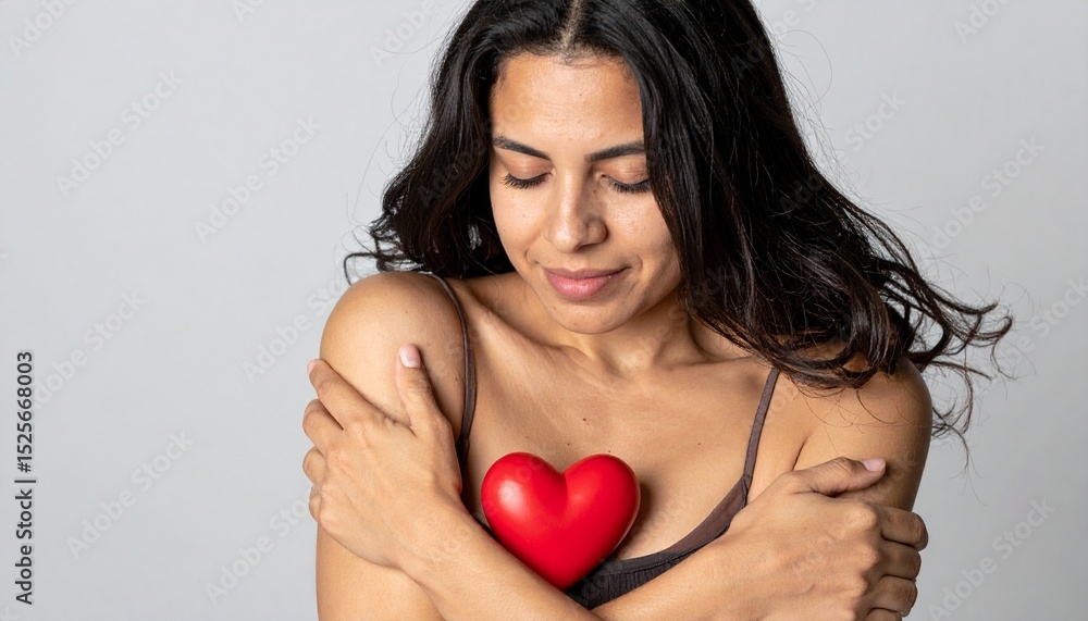 A woman embraces herself while holding a red heart, demonstrating self-love and care A woman embraces herself while holding a red heart, demonstrating self-love and care