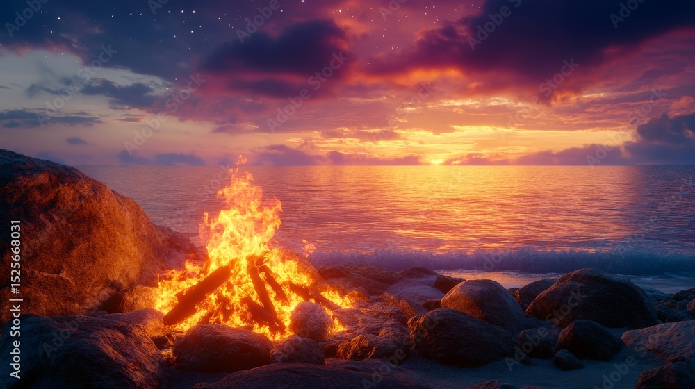 Coastal bonfire at sunset, illuminated by vibrant colors. Coastal bonfire at sunset, illuminated by vibrant colors.