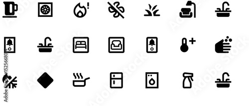 Simple black vector icons for iPhone apps, bathroom accessories, and tech symbols on white background, clean 2D design with high resolution and sharp contrast