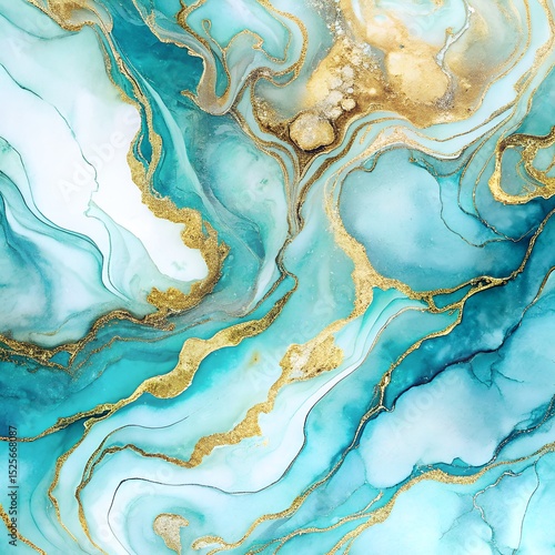 Aqua Blue and Teal Watercolor Marble with Gold Streaks