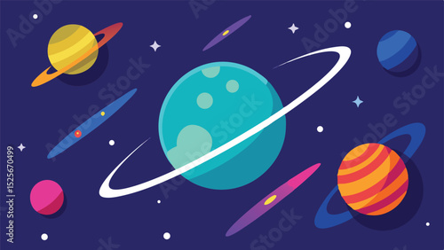 Abstract cartoon illustration of colorful planets and celestial bodies on a dark background
