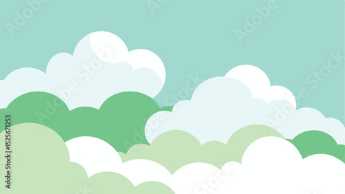 Abstract cloudscape illustration with overlapping clouds and pastel green and blue colors
