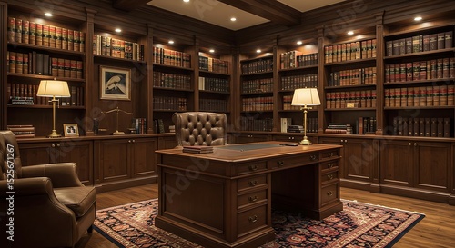 High-end lawyer's office with dark wood panels, leather desk chair, classic lamps, and legal books