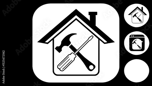 A mobile app icon for Handyman Home Services, using a simplified version of the house icon with tool silhouettes in a square format, designed for clarity at small sizes, vibrant on a black or dark gra