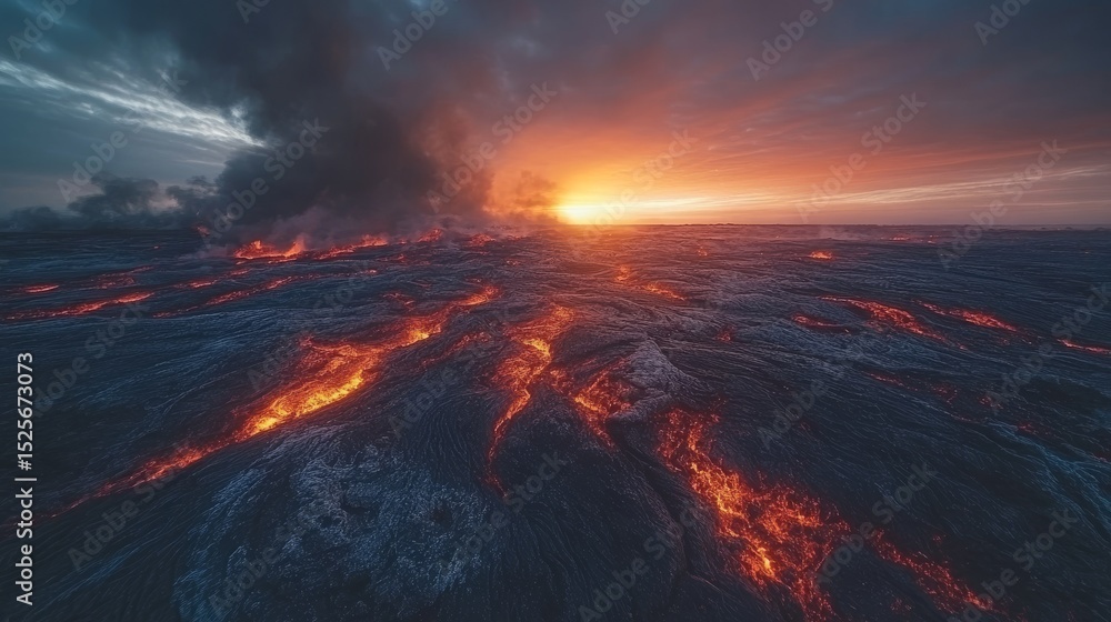 Fototapeta premium Molten landscape, fiery sunset over volcanic flows.