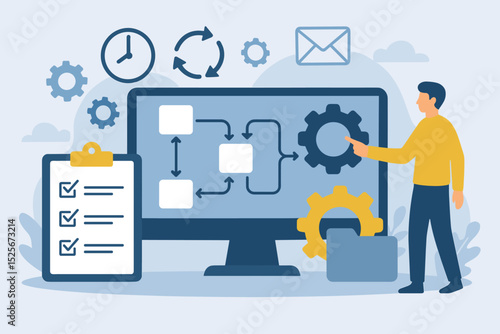 Automated workflow efficiency concept. Man managing process on computer. Business automation, project management, task optimization, productivity boost, system flowchart. Vector illustration.