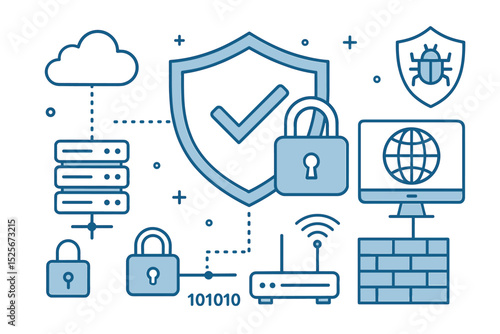 Digital Security Iconography: Cybersecurity, network protection, data privacy concepts. Vector icons: shield, lock, cloud, server, firewall, router, computer, bug, binary, online safety.