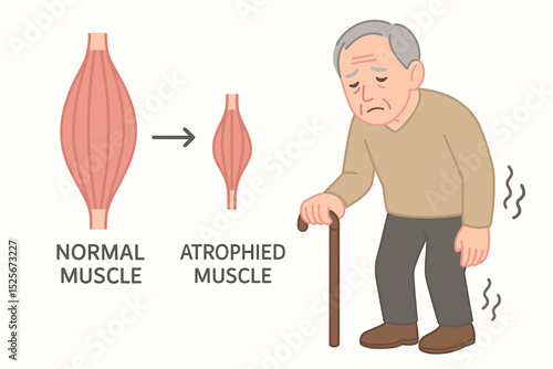 Sarcopenia medical illustration: Elderly man with cane showing symptoms of muscle loss and weakness. Anatomical comparison diagram of normal versus atrophied muscle. Age-related frailty concept.