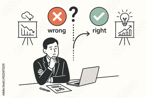 Businessman making critical business strategy choices. Conceptual illustration of right versus wrong path, decision making process, risk assessment, and finding solutions for success or failure.