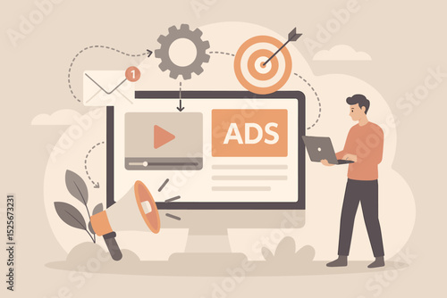 Automated Marketing Solutions: Digital advertising, online promotion, content & email strategy, target audience engagement. SEO, workflow automation, business growth technology concept vector.
