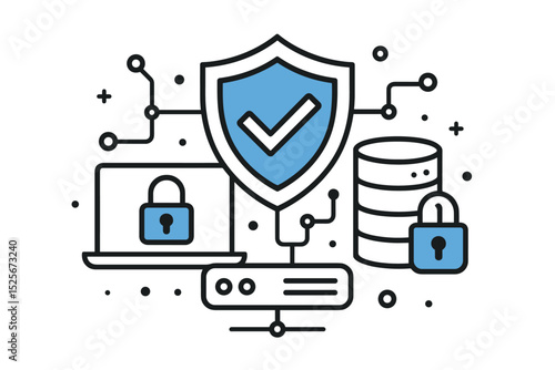 Digital security vector icons for cybersecurity. Shield, padlock, laptop, server, database protection. Network safety, data privacy, information technology defense, privacy concept illustration.