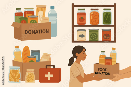 Charity food drive vector illustration set. People donating essential groceries, canned food, pasta, and supplies for hunger relief. Community support, volunteering, and humanitarian aid.