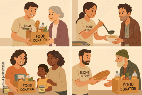 Hunger relief food donation vector set. Volunteers in meal distribution, soup kitchen, feeding the poor. Charity providing aid to needy elderly, homeless people, families. Community support concept.