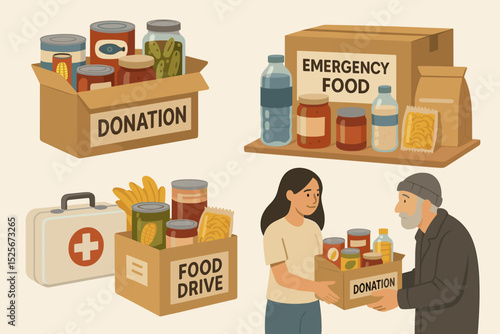 Charity food drive illustration set. Volunteer giving donation box with canned food to poor homeless man. Emergency supplies, humanitarian aid, and social support concept vector.