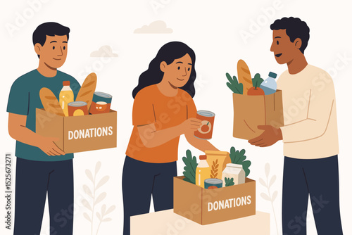 Community food drive concept. Diverse volunteers donating groceries. People packing charity boxes with canned goods, bread, and supplies for hunger relief, poverty aid. Generosity, support vector.