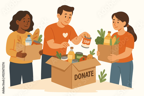 Community food drive vector illustration. Diverse volunteers donating groceries and canned goods. People helping at charity event, food bank support concept. Humanitarian aid, social care, giving.