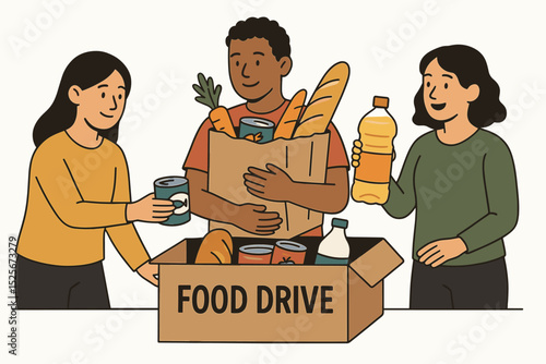 Community Food Drive vector art. Diverse volunteers donating groceries, canned goods, and bread. Charity, social support, and giving concept. People helping collect food for hunger relief program.