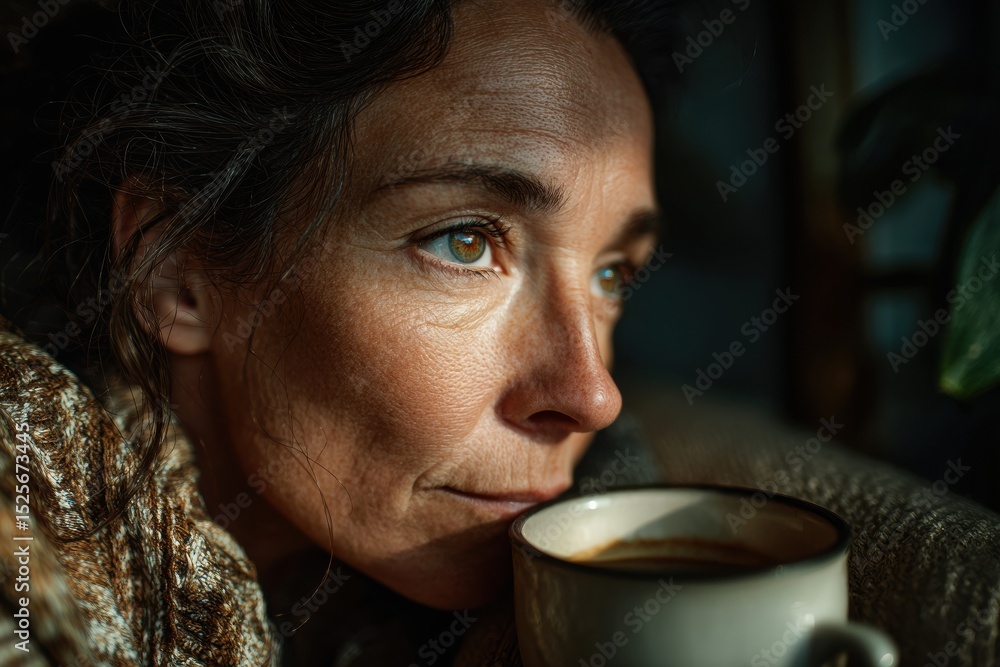 Middle-aged woman enjoys morning coffee while battling sleepiness in soft sunlight Middle-aged woman enjoys morning coffee while battling sleepiness in soft sunlight