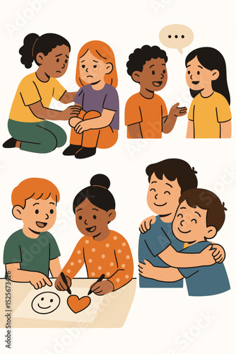 Social emotional learning vector set. Diverse kids showing empathy, support, and friendship. Children comforting, talking, hugging, and collaborating. Emotional intelligence concept.