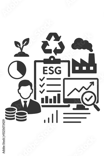ESG Environmental Social Governance concept with icons. Corporate sustainability metrics, analysis and reporting. Responsible business investment and company performance evaluation.