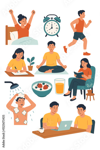 Productive morning routine vector illustration set. Daily activities characters. Healthy lifestyle concept with waking up, exercise, meditating, breakfast, shower, reading, working.
