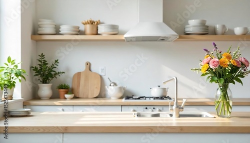 A neatly organized kitchen counter with clean dishes, sparkling appliances, and fresh flowers in a vase Simple, minimalist home organization and tidiness , minimalist, bright kitchen