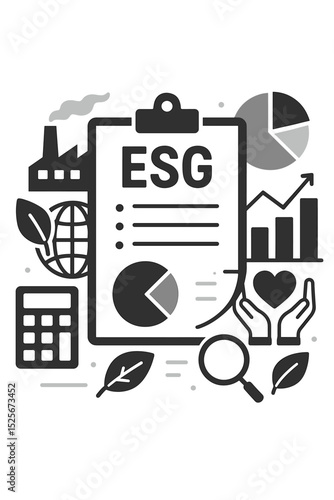 ESG concept vector illustration. Environmental, Social, and Governance criteria for business. Sustainable and ethical corporate responsibility report with data metrics and analysis icons.