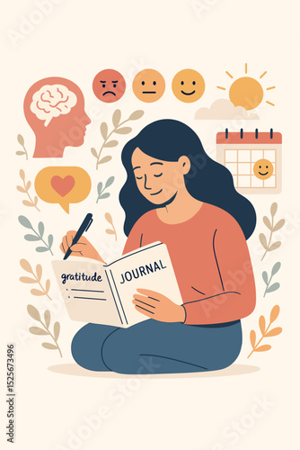Mindful journaling concept for mental health and well being. Woman writing in a gratitude journal. Self care, emotion tracking and mood diary for positive psychology concept.