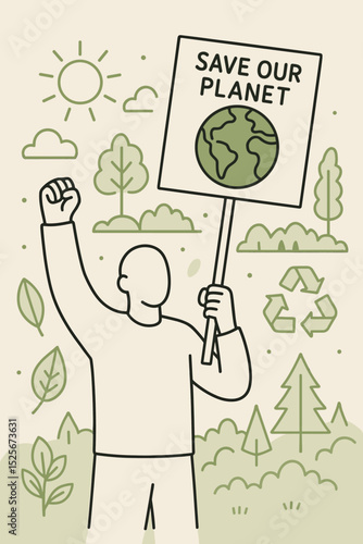 Climate change protest vector. Activist holds 'Save Our Planet' sign. Illustration for Earth Day, ecology awareness, sustainability, and environmental protection demonstration.