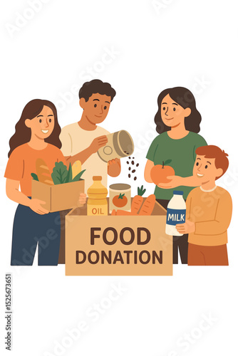Food donation concept. Group of volunteers packing a charity box with groceries. People helping in a community food drive. Social support, humanitarian aid, and volunteering vector.