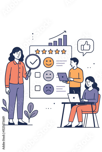 Customer feedback concept and employee performance review. Business team analyzing user satisfaction survey. People give rating with stars for quality service and experience.