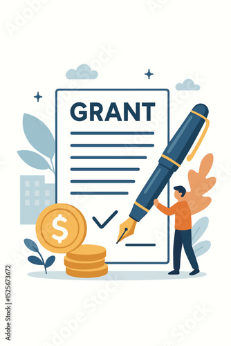 Grant proposal approved. Miniature person signing a funding agreement with a large pen. Financial support, scholarship, donation, or investment concept with money coins. Vector.