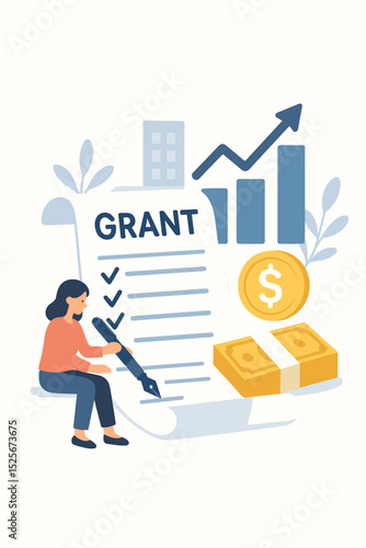 Grant application for funding. Woman filling proposal for financial aid, investment, subsidy. Business growth, fundraising concept with money, chart. Financial support vector.