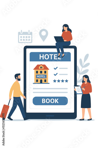 Online hotel booking vector concept. People use a mobile application on a tablet for travel planning and making reservations. Man with suitcase and woman with laptop. Tourism and vacation concept.