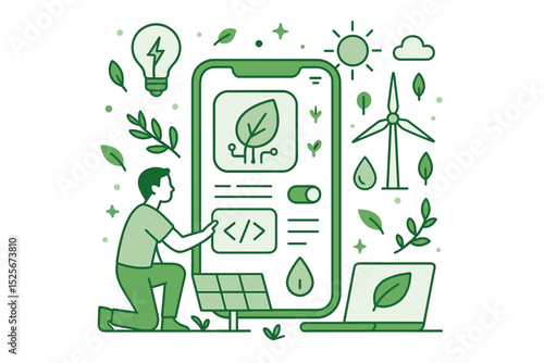 Green technology and sustainable development concept. Developer coding eco-friendly mobile app with clean energy icons. Renewable power, ESG, wind turbine, solar panel vector.